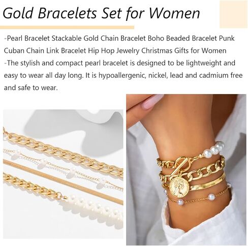 سوار Roe Dolph Gold Stack Barclets Gold chunkelets سلسلة قابلة للتكديس رابط Rhinestone Tennis Pearl Jewelry Strendy Stuff for Women in Kuwait