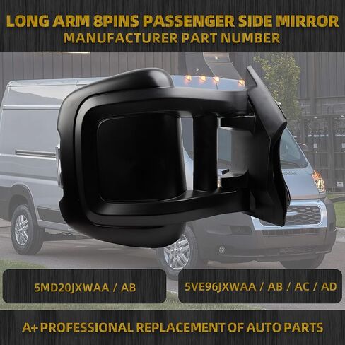 Dasbecan Passenger Right Side Mirror Replacement CH1321376 for Ram Promaster 1500 2500 3500 2014-2019 Heated Power Glass Manual Fold w/Turn Signal Light Short Arm 8 Pins 5VE98JXWAE in Kuwait