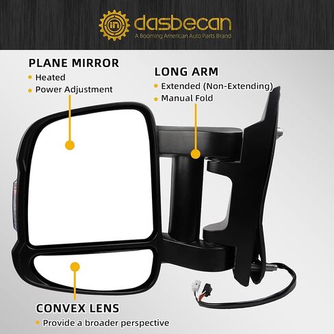 Dasbecan Passenger Right Side Mirror Replacement CH1321376 for Ram Promaster 1500 2500 3500 2014-2019 Heated Power Glass Manual Fold w/Turn Signal Light Short Arm 8 Pins 5VE98JXWAE in Kuwait
