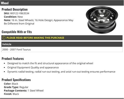 Steel Wheel - Black - 16 Inch - Compatible with 2000-2007 Ford Taurus in Saudi Arabia