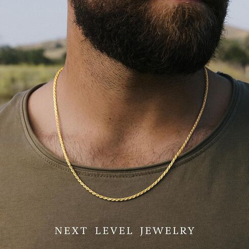 Next Level Jewelry Solid 14K Gold Vermeil Sterling Silver Rope Diamond-Cut Necklace Chains 1.5MM - 5.5MM, Gold Rope Chain Men Women, Gold Rope Necklace in Kuwait