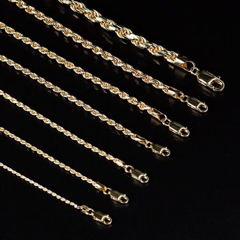 Next Level Jewelry Solid 14K Gold Vermeil Sterling Silver Rope Diamond-Cut Necklace Chains 1.5MM - 5.5MM, Gold Rope Chain Men Women, Gold Rope Necklace in Kuwait
