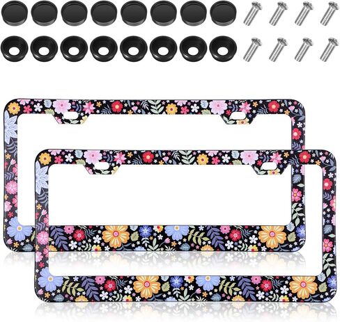 Flower License Plate Frame 2 Pcs Personalized Colorful Floral License Plate Frames with 2 Holes Screws Stainless Steel Car Plates Frame Universal Size: 12.4x6.3in Auto Parts Decoration in Saudi Arabia