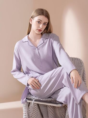 مجموعة بيجاما للسيدات-كارديجان الأزرار الطويلة ذات الأكمام الطويلة مع سروال خصر مرن in Kuwait