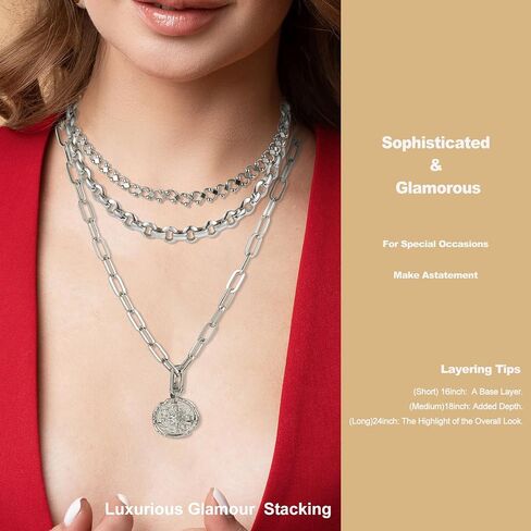 Chunky Layered Gold Necklace For Women Paperclip Link Chain Statement Compass Coin Charm Beach Stackable Necklace Non Tarnish Dainty 14k Gold Plated Medallion Pendant Trendy Fashion Jewelry in Saudi Arabia