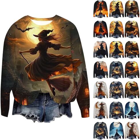Halloween Sweatshirts for Women Witch Moon Crewneck T Shirts Fall Cute Pumpkin Black Cat Graphic Fleece Pullover Tops in Saudi Arabia