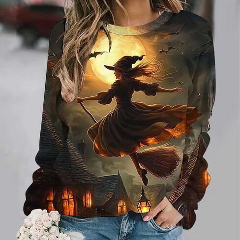 Halloween Sweatshirts for Women Witch Moon Crewneck T Shirts Fall Cute Pumpkin Black Cat Graphic Fleece Pullover Tops in Saudi Arabia