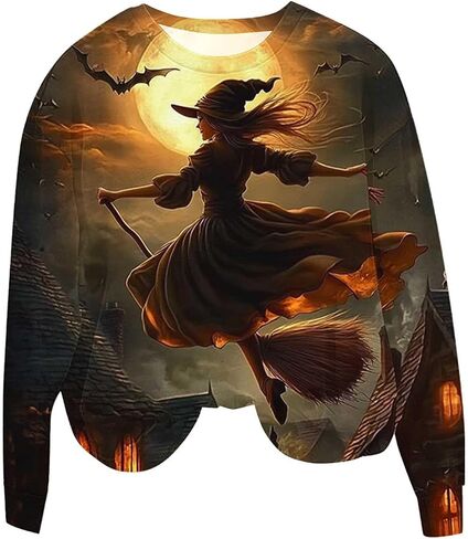 Halloween Sweatshirts for Women Witch Moon Crewneck T Shirts Fall Cute Pumpkin Black Cat Graphic Fleece Pullover Tops in Saudi Arabia