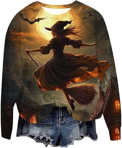 Halloween Sweatshirts for Women Witch Moon Crewneck T Shirts Fall Cute Pumpkin Black Cat Graphic Fleece Pullover Tops in Saudi Arabia