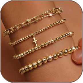 IMBOS Gold Bracelets for Women 14K Gold Plated Cross Bracelet Strand Bead Ball Bracelets stack Set Chunky Chain Bracelet Trendy Adjustable Jewelry Sets for Womens Gifts in Saudi Arabia