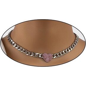 Charm Rhinestone Heart Chunky Cuba Chain Necklace for Women ، Punk Love Heart Pendant Silver Cuban Link Dchoker Necklace Valentines Day Gifts in Kuwait