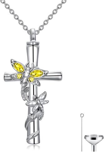 Dragonfly Cross Urn Necklaces for Ashes Women White Gold Plated s925 Sterling Silver w/Funnel Filler Memorial Cremation Jewelry with Birthstone Gifts for Women in Saudi Arabia