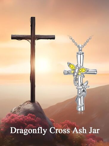 Dragonfly Cross Urn Necklaces for Ashes Women White Gold Plated s925 Sterling Silver w/Funnel Filler Memorial Cremation Jewelry with Birthstone Gifts for Women in Saudi Arabia