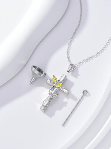 Dragonfly Cross Urn Necklaces for Ashes Women White Gold Plated s925 Sterling Silver w/Funnel Filler Memorial Cremation Jewelry with Birthstone Gifts for Women in Saudi Arabia