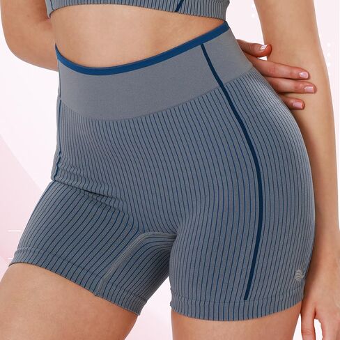 Striped Biker Shorts for Women 4" Seamless Stretchy High-Waisted Ribbed Workout Bottoms No Front for Yoga in Saudi Arabia