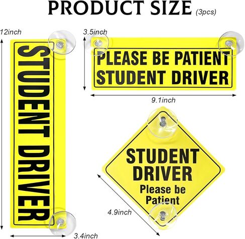 3 PCS Student Driver Sticker, Removable Reusable New Driver Sign with Suction Cups, Please Be Patient Novice Driver Safety Warning, Rookie Driver Sticker for Car Windows in Saudi Arabia