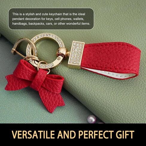 Leather Car Bow Keychain, Bling Rhinestone Keychain Decoration, Universal Car Pendant Key Chain Ring (Gold & Black) in Saudi Arabia