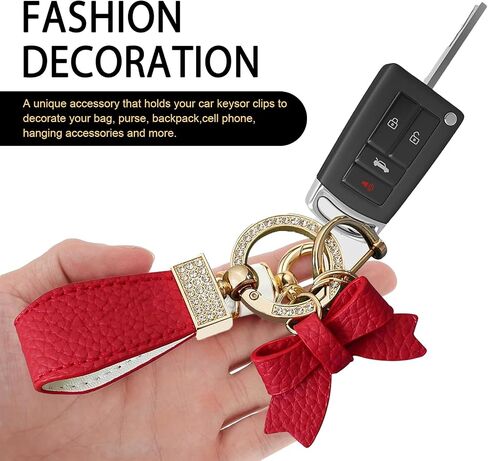 Leather Car Bow Keychain, Bling Rhinestone Keychain Decoration, Universal Car Pendant Key Chain Ring (Gold & Black) in Saudi Arabia