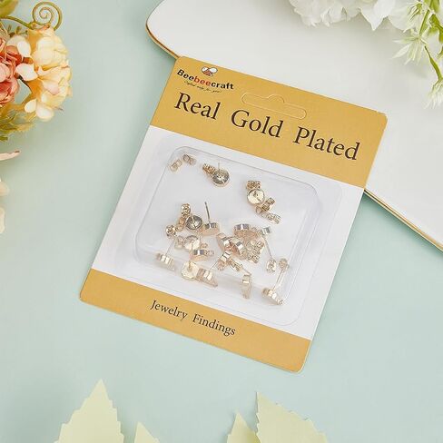 Beebeecraft 1 Box 10Pcs Cubic Zirconia Stud Earring Findings 18K Gold Plated Brass Flat Round Post Earrings Finding for Jewelry Making DIY Crafts in Saudi Arabia