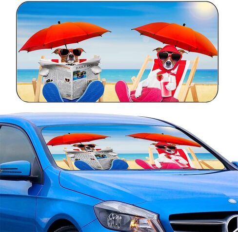 Car Windshield Sunshade ، Kancokit Cartoon Pattern Auto Sun Shownable for Front Window Sun Visor Protector UV Ray Reflector Keep Cool Protect Kids & Pets (59 "× 33.5") (Cat & Dog) in Kuwait