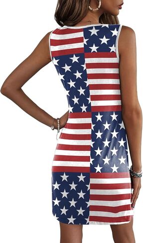 Women's 4th of July American Flag Print Vest Dress - Sleeveless V-Neck Casual Beach Dress in Kuwait