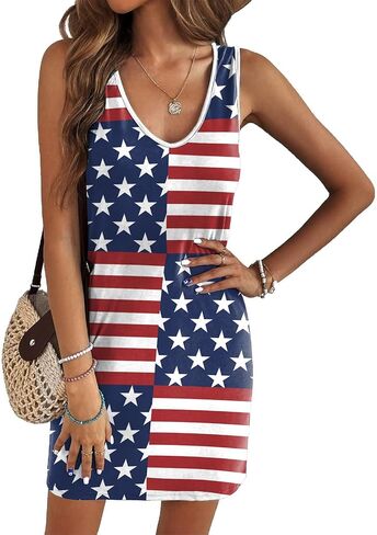 Women's 4th of July American Flag Print Vest Dress - Sleeveless V-Neck Casual Beach Dress in Kuwait