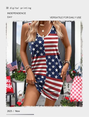 Women's 4th of July American Flag Print Vest Dress - Sleeveless V-Neck Casual Beach Dress in Kuwait