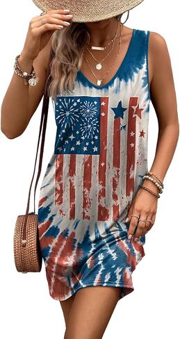 Women's 4th of July American Flag Print Vest Dress - Sleeveless V-Neck Casual Beach Dress in Kuwait
