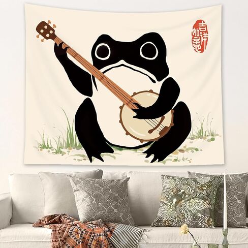 Lghtyro Funcy Frog Fabric Wall Hanging Tapestry 59wx51h بوصة اليابانية على الطراز الآسيوي بوهو لطيف حيوان يلعب بانجو عتيقة الفن التقليدي الرجع in Saudi Arabia