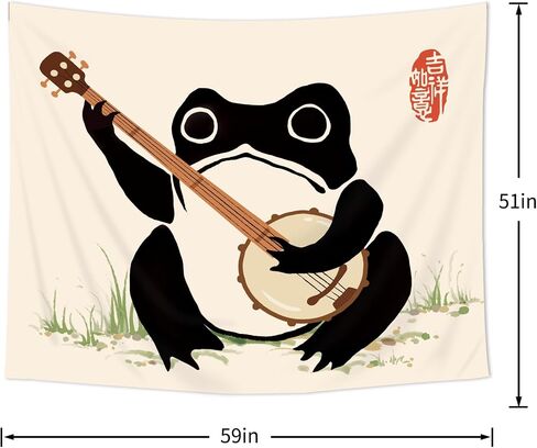 Lghtyro Funcy Frog Fabric Wall Hanging Tapestry 59wx51h بوصة اليابانية على الطراز الآسيوي بوهو لطيف حيوان يلعب بانجو عتيقة الفن التقليدي الرجع in Saudi Arabia