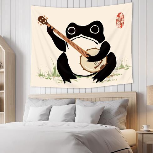 Lghtyro Funcy Frog Fabric Wall Hanging Tapestry 59wx51h بوصة اليابانية على الطراز الآسيوي بوهو لطيف حيوان يلعب بانجو عتيقة الفن التقليدي الرجع in Saudi Arabia