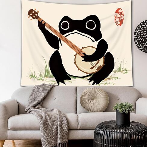 Lghtyro Funcy Frog Fabric Wall Hanging Tapestry 59wx51h بوصة اليابانية على الطراز الآسيوي بوهو لطيف حيوان يلعب بانجو عتيقة الفن التقليدي الرجع in Saudi Arabia