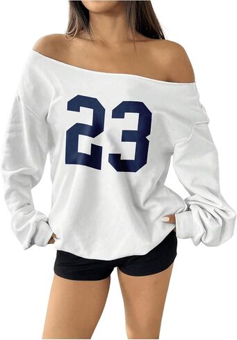 Verdusa Women's Number Off The Shoulder Tops Y2K Streetwear Oversized Sweatshirt in Saudi Arabia