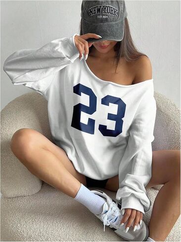 Verdusa Women's Number Off The Shoulder Tops Y2K Streetwear Oversized Sweatshirt in Saudi Arabia