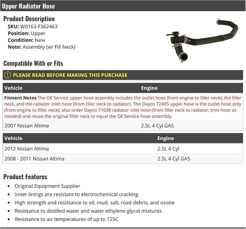 Upper Radiator Hose with Filler Neck - Compatible with 2007-2012 Nissan Altima in Saudi Arabia