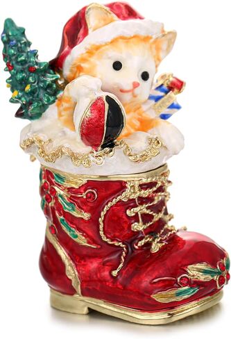 Hand Painted Enamel Trinket Box, Hinged Jewelry Organizer Mini Ring Earrings Storage, Unique Home Decor Figurine Keepsake Collectible, Personalized Elegant Handmade Ornament (Red Christmas House) in Saudi Arabia
