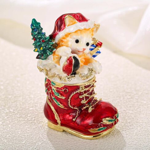 Hand Painted Enamel Trinket Box, Hinged Jewelry Organizer Mini Ring Earrings Storage, Unique Home Decor Figurine Keepsake Collectible, Personalized Elegant Handmade Ornament (Red Christmas House) in Saudi Arabia