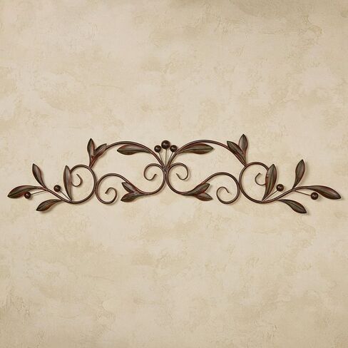 Catalonia Olive Metal Wall Art Topper | Large, Wide Handcrafted Design | Handpainted Brown Earth Tones | Openwork Scrolls with Olive Leaves | Hang Alone or Above A Wide Doorway, Window, or Artwork in Kuwait