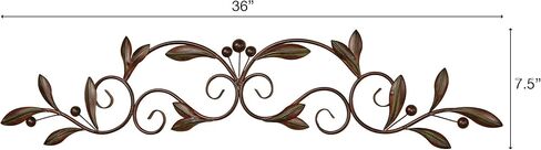 Catalonia Olive Metal Wall Art Topper | Large, Wide Handcrafted Design | Handpainted Brown Earth Tones | Openwork Scrolls with Olive Leaves | Hang Alone or Above A Wide Doorway, Window, or Artwork in Kuwait