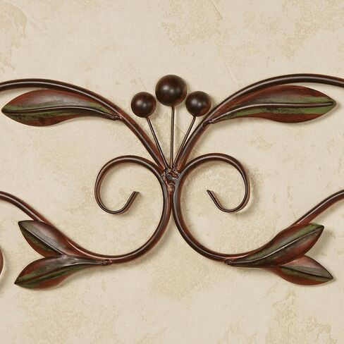 Catalonia Olive Metal Wall Art Topper | Large, Wide Handcrafted Design | Handpainted Brown Earth Tones | Openwork Scrolls with Olive Leaves | Hang Alone or Above A Wide Doorway, Window, or Artwork in Kuwait