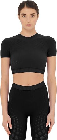 Wolford Dots Illusion Net Top للنساء بأكمام قصيرة مع فرقة دعم مرنة تحمل علامة يوجا لليوغا سبورت in Saudi Arabia