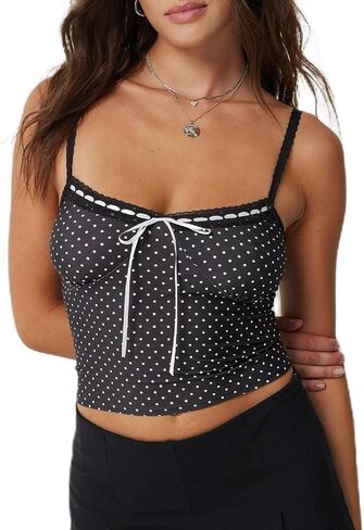 Women Y2k Polka Dot Print Tank Top Spaghetti Strap Lace Trim Camisole Sheer Mesh Crop Cami Going Out Top in Kuwait