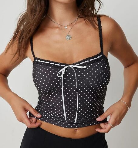 Women Y2k Polka Dot Print Tank Top Spaghetti Strap Lace Trim Camisole Sheer Mesh Crop Cami Going Out Top in Kuwait