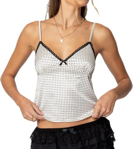 Women Y2k Polka Dot Print Tank Top Spaghetti Strap Lace Trim Camisole Sheer Mesh Crop Cami Going Out Top in Kuwait