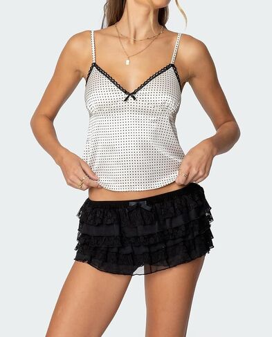 Women Y2k Polka Dot Print Tank Top Spaghetti Strap Lace Trim Camisole Sheer Mesh Crop Cami Going Out Top in Kuwait
