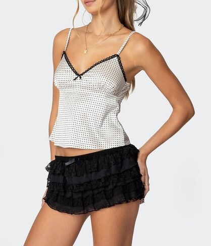 Women Y2k Polka Dot Print Tank Top Spaghetti Strap Lace Trim Camisole Sheer Mesh Crop Cami Going Out Top in Kuwait