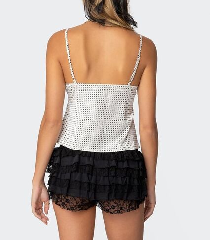 Women Y2k Polka Dot Print Tank Top Spaghetti Strap Lace Trim Camisole Sheer Mesh Crop Cami Going Out Top in Kuwait