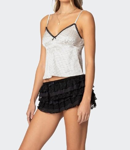 Women Y2k Polka Dot Print Tank Top Spaghetti Strap Lace Trim Camisole Sheer Mesh Crop Cami Going Out Top in Kuwait