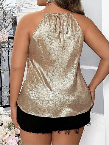Oyoangle Women's Plus Size Metallic Keyhole Halter Tank Top Sopless Tops Legant Lose Blouse in Saudi Arabia