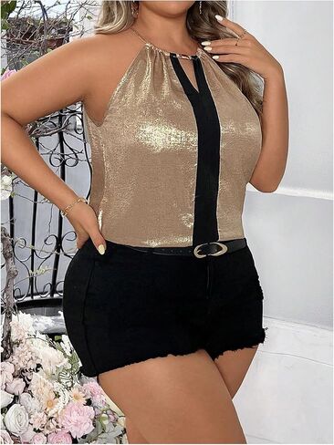 Oyoangle Women's Plus Size Metallic Keyhole Halter Tank Top Sopless Tops Legant Lose Blouse in Saudi Arabia
